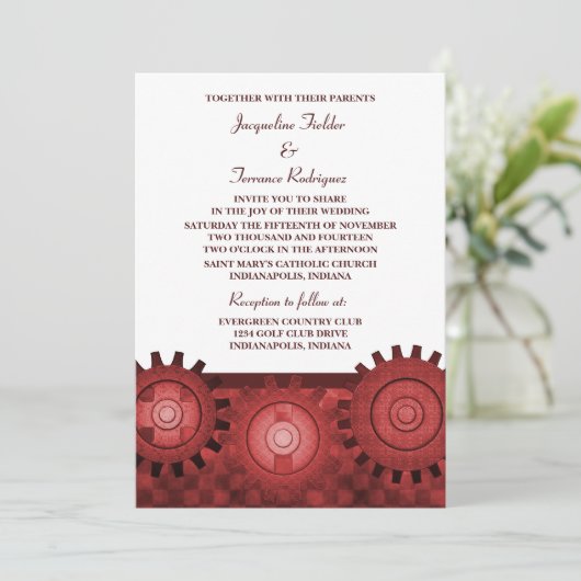 Steampunk Gears Wedding Invite, Red Kaart (Staand voorkant)