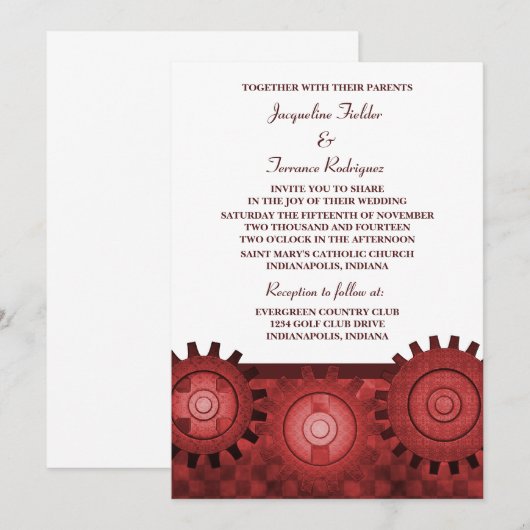 Steampunk Gears Wedding Invite, Red Kaart (Voorkant / Achterkant)