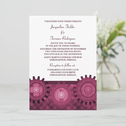 Steampunk Gears Wedding Invite, Roze Kaart (Staand voorkant)