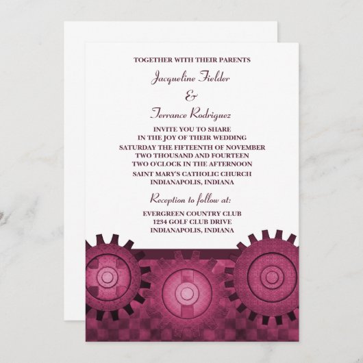 Steampunk Gears Wedding Invite, Roze Kaart (Voorkant / Achterkant)