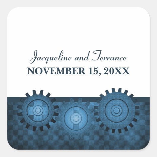 Steampunk Gears Wedding Stickers, blauw Vierkante Sticker (Voorkant)