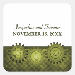 Steampunk Gears Wedding Stickers, Green Vierkante Sticker