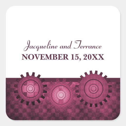 Steampunk Gears Wedding Stickers, Roze Vierkante Sticker (Voorkant)