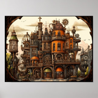 Steampunk gebouw poster