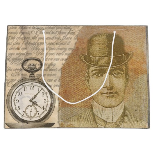 Steampunk Gentleman Pocket Watch Bowler Gift Bag Groot Cadeauzakje (Voorkant)