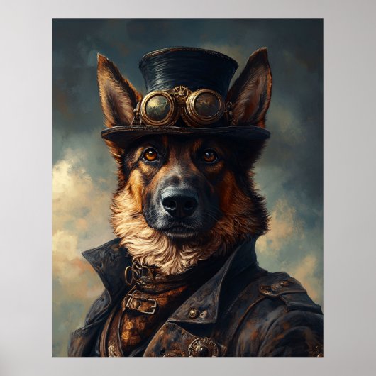Steampunk German Shepherd Dog in Top Hat Poster (Voorkant)