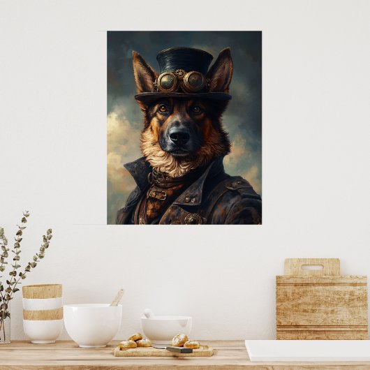 Steampunk German Shepherd Dog in Top Hat Poster (Keuken)