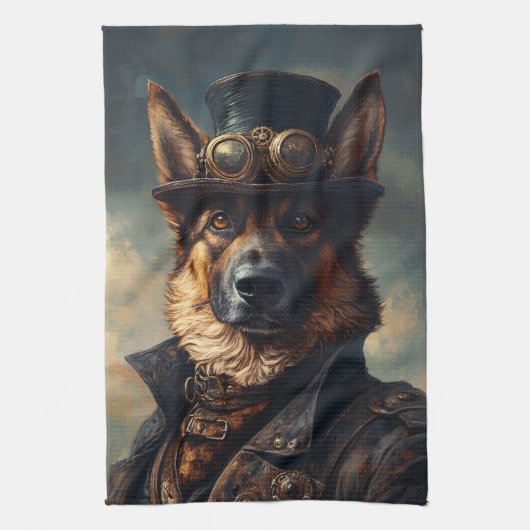 Steampunk German Shepherd Dog in Top Hat Theedoek (Verticaal)