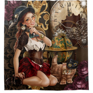 Steampunk Girl Clock en Cat Douchegordijn