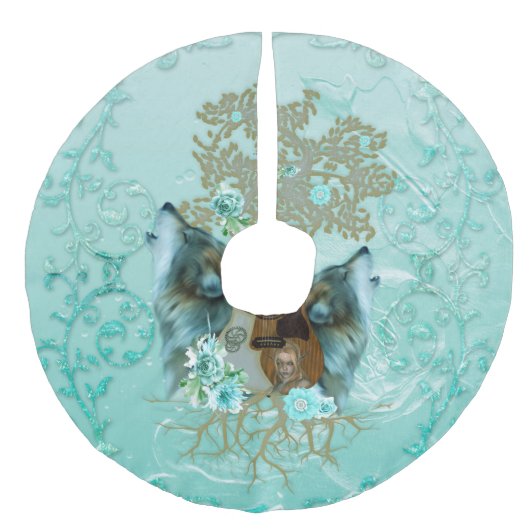 Steampunk gitaar met wolven imitatie linnen kerstboom kleed (Voorkant)