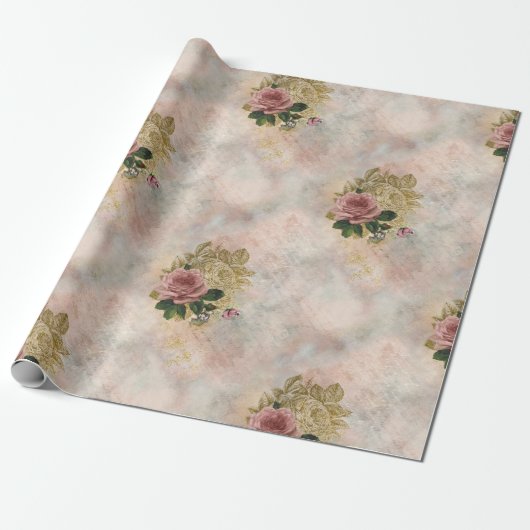 Steampunk Glam | Roze en Goud Roos Rustieke Bloeme Cadeaupapier (Uitgerold)