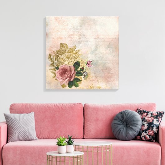 Steampunk Glam | Roze en Goud Roos Rustieke Bloeme Canvas Afdruk (Insitu (Woonkamer))