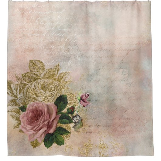 Steampunk Glam | Roze en Goud Roos Rustieke Bloeme Douchegordijn (Voorkant)