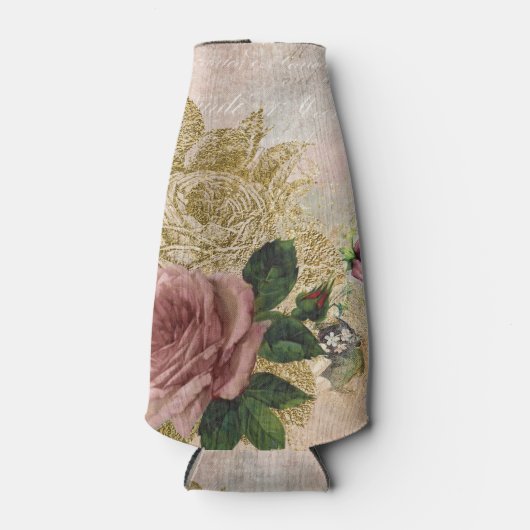 Steampunk Glam | Roze en Goud Roos Rustieke Bloeme Flesjeskoeler (Voorkant)