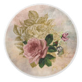 Steampunk Glam | Roze en Goud Roos Rustieke Bloeme Keramische Knop (Voorkant)