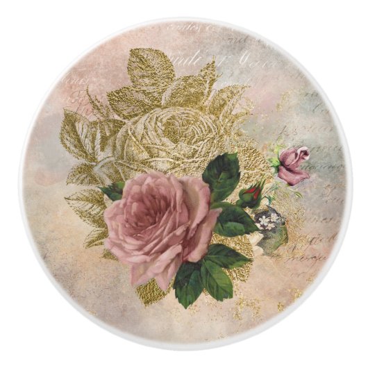 Steampunk Glam | Roze en Goud Roos Rustieke Bloeme Keramische Knop (Voorkant)