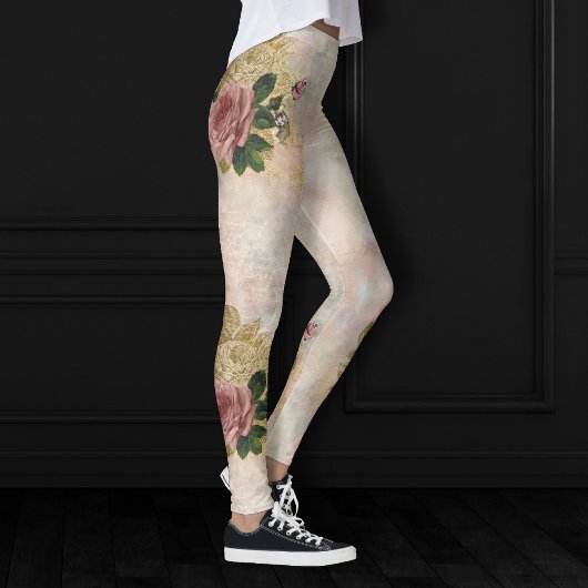 Steampunk Glam | Roze en Goud Roos Rustieke Bloeme Leggings