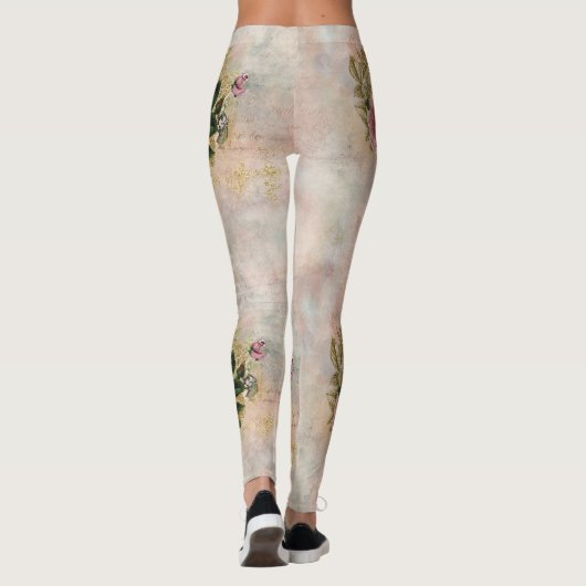 Steampunk Glam | Roze en Goud Roos Rustieke Bloeme Leggings (Achterkant)