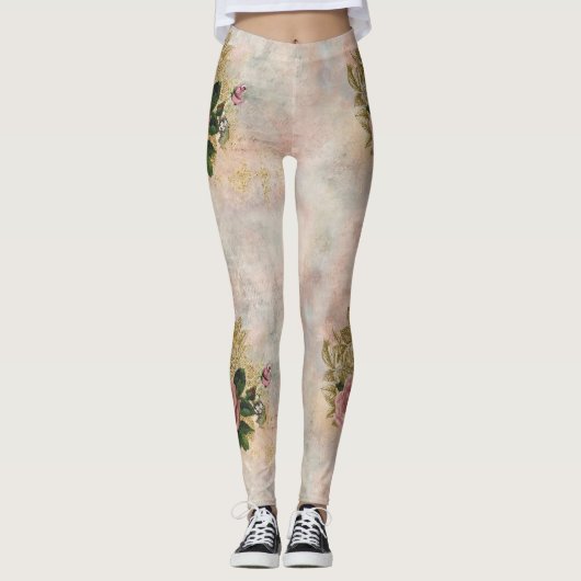 Steampunk Glam | Roze en Goud Roos Rustieke Bloeme Leggings (Voorkant)