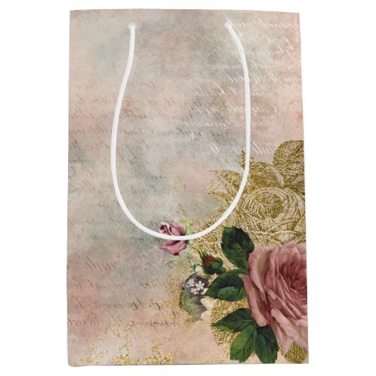 Steampunk Glam | Roze en Goud Roos Rustieke Bloeme Medium Cadeauzakje (Voorkant)