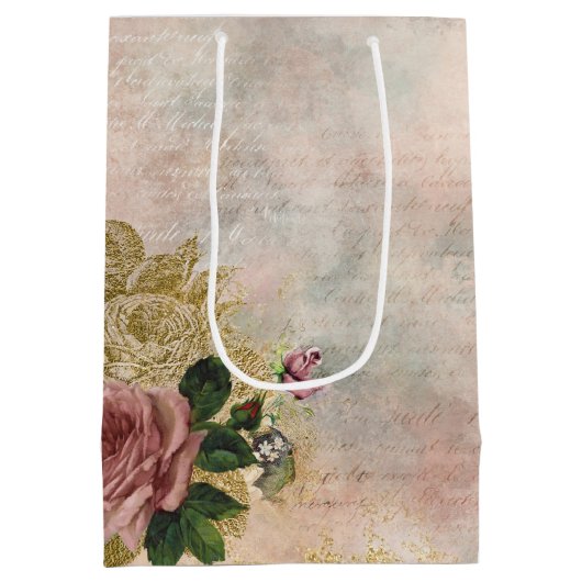 Steampunk Glam | Roze en Goud Roos Rustieke Bloeme Medium Cadeauzakje (Achterkant)