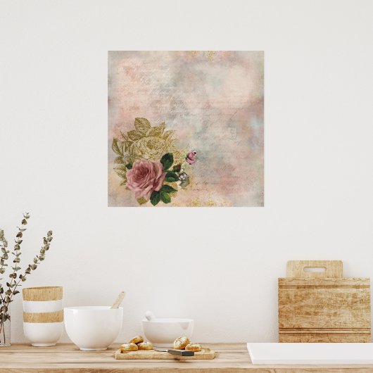 Steampunk Glam | Roze en Goud Roos Rustieke Bloeme Poster (Keuken)