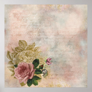 Steampunk Glam   Roze en Goud Roos Rustieke Bloeme Poster