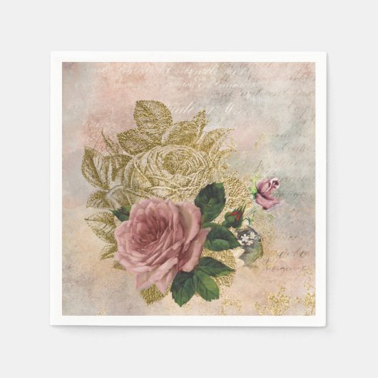 Steampunk Glam | Roze en Goud Roos Rustieke Bloeme Servet (Voorkant)