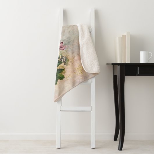 Steampunk Glam | Roze en Goud Roos Rustieke Bloeme Sherpa Deken (In situ)