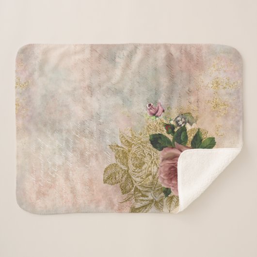 Steampunk Glam | Roze en Goud Roos Rustieke Bloeme Sherpa Deken (Voorkant (horizontaal))