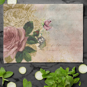 Steampunk Glam   Roze en Goud Roos Rustieke Bloeme Theedoek