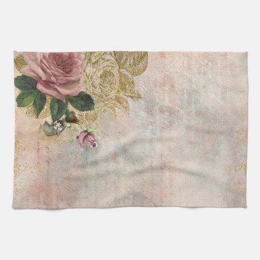 Steampunk Glam | Roze en Goud Roos Rustieke Bloeme Theedoek (Horizontaal)