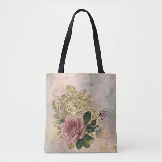 Steampunk Glam | Roze en Goud Roos Rustieke Bloeme Tote Bag (Voorkant)