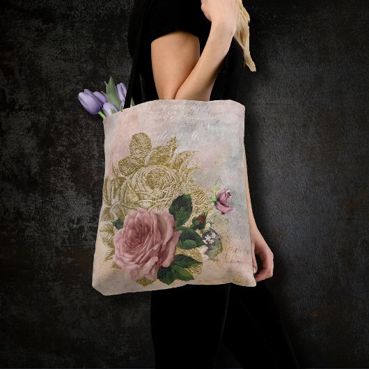 Steampunk Glam | Roze en Goud Roos Rustieke Bloeme Tote Bag