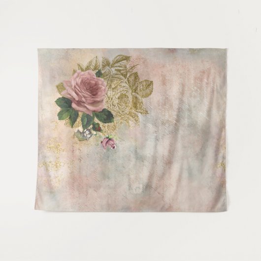 Steampunk Glam | Roze en Goud Roos Rustieke Bloeme Wandkleed (Voorkant (horizontaal))