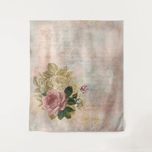 Steampunk Glam | Roze en Goud Roos Rustieke Bloeme Wandkleed (Voorkant)