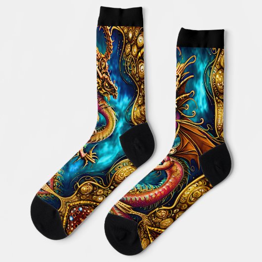 Steampunk Golden Dragon & Blue Sky op Black Sokken (Links)
