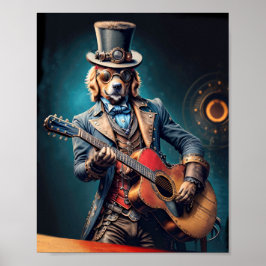 Steampunk Golden Retriever die gitaar speelt Poster
