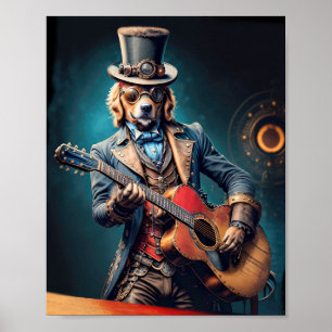 Steampunk Golden Retriever die gitaar speelt Poster