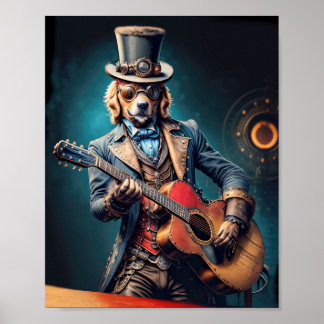 Steampunk Golden Retriever die gitaar speelt Poster
