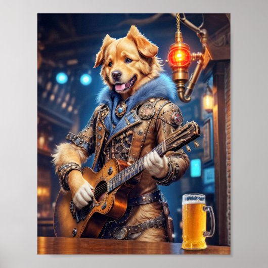 Steampunk golden retriever met akoestische gitaar poster (Voorkant)