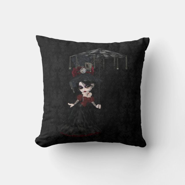 Steampunk Gothic Girl Black Damask Pillow Kussen (Voorkant)