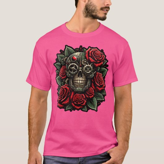 Steampunk Gothic Skull Red Roses Dark Grunge Graph T-shirt (Voorkant)