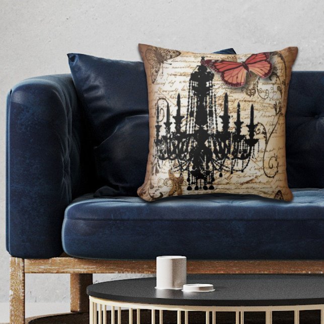 steampunk gothic vlinderparis  kroonluchter kussen (steampunk goth butterfly paris vintage chandelier throw pillow)