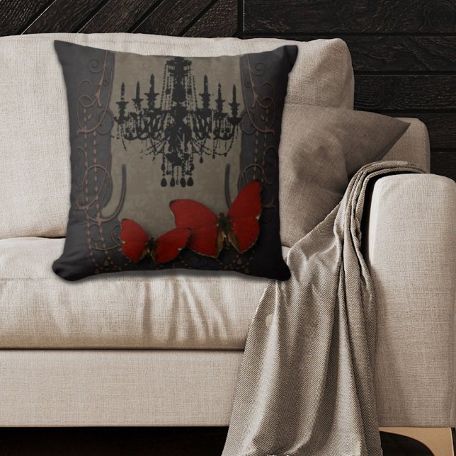 steampunk gothic vlinderparis  kroonluchter kussen (steampunk goth butterfly paris vintage chandelier throw pillow)