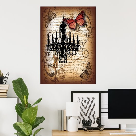 steampunk gothic vlinderparis  kroonluchter poster (Thuiskantoor)