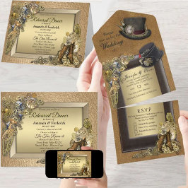 Steampunk & gouden leren All-in-One trouwuitnodigi All In One Uitnodiging