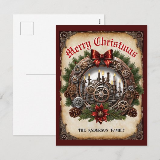 Steampunk Greenery Kaarsen Krans Cogs Kerstmis Feestdagenkaart (Voorkant / Achterkant)