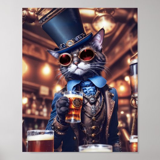 Steampunk grijze kat met hoge hoed, bril, bier - poster (Voorkant)