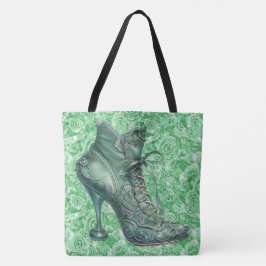 Steampunk groene laarzen op rozen grote schouderta tote bag